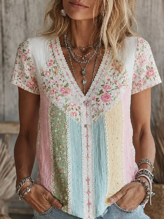 Women's Casual Retro Short-Sleeve Top with Floral Breast Cancer Awareness Print