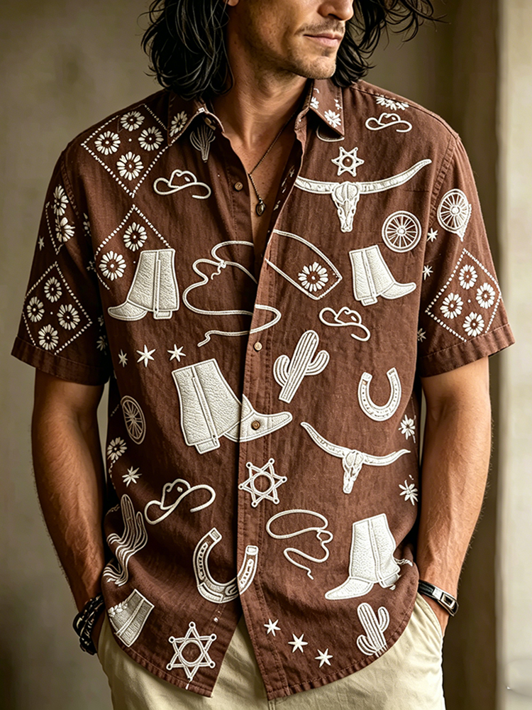 Retro Western Style Element Pattern Design Casual Linen Men's Short-sleeve Shirt