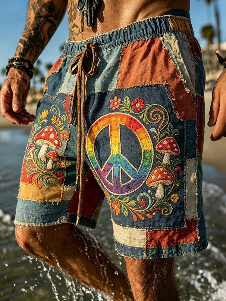 Men's Hippie Psychedelic Mushrooms Patchwork Print Casual Shorts