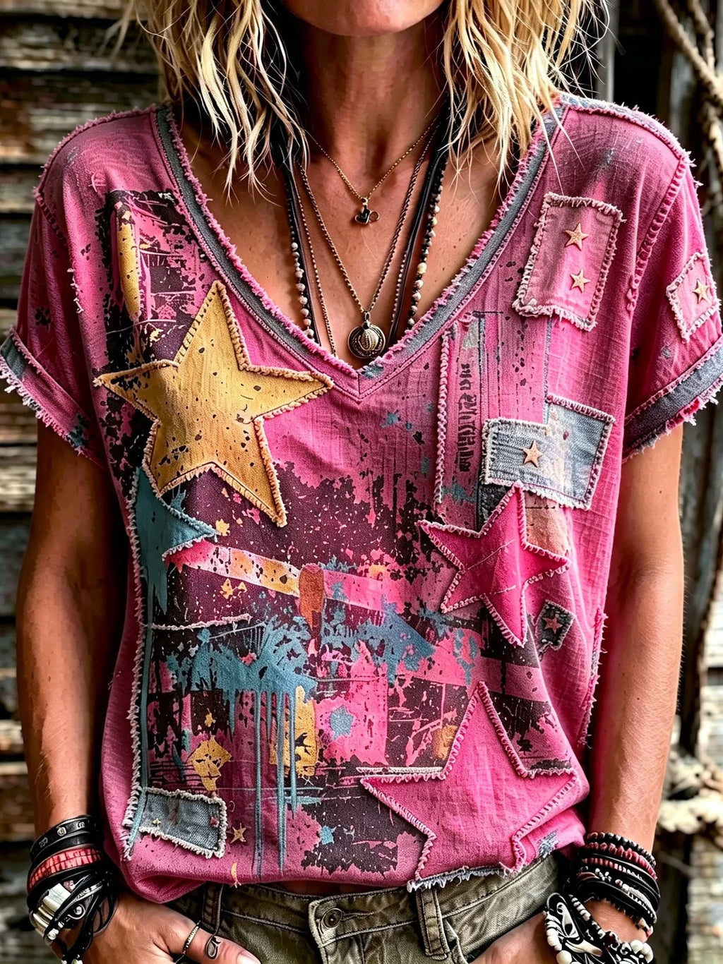 Women's Retro Hippie Style Patchwork Print Top