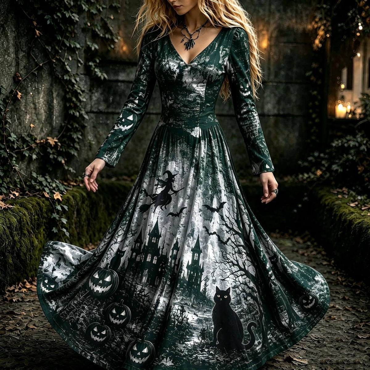 Women's Vintage Halloween Witch, Cat, And Castle Print Dress