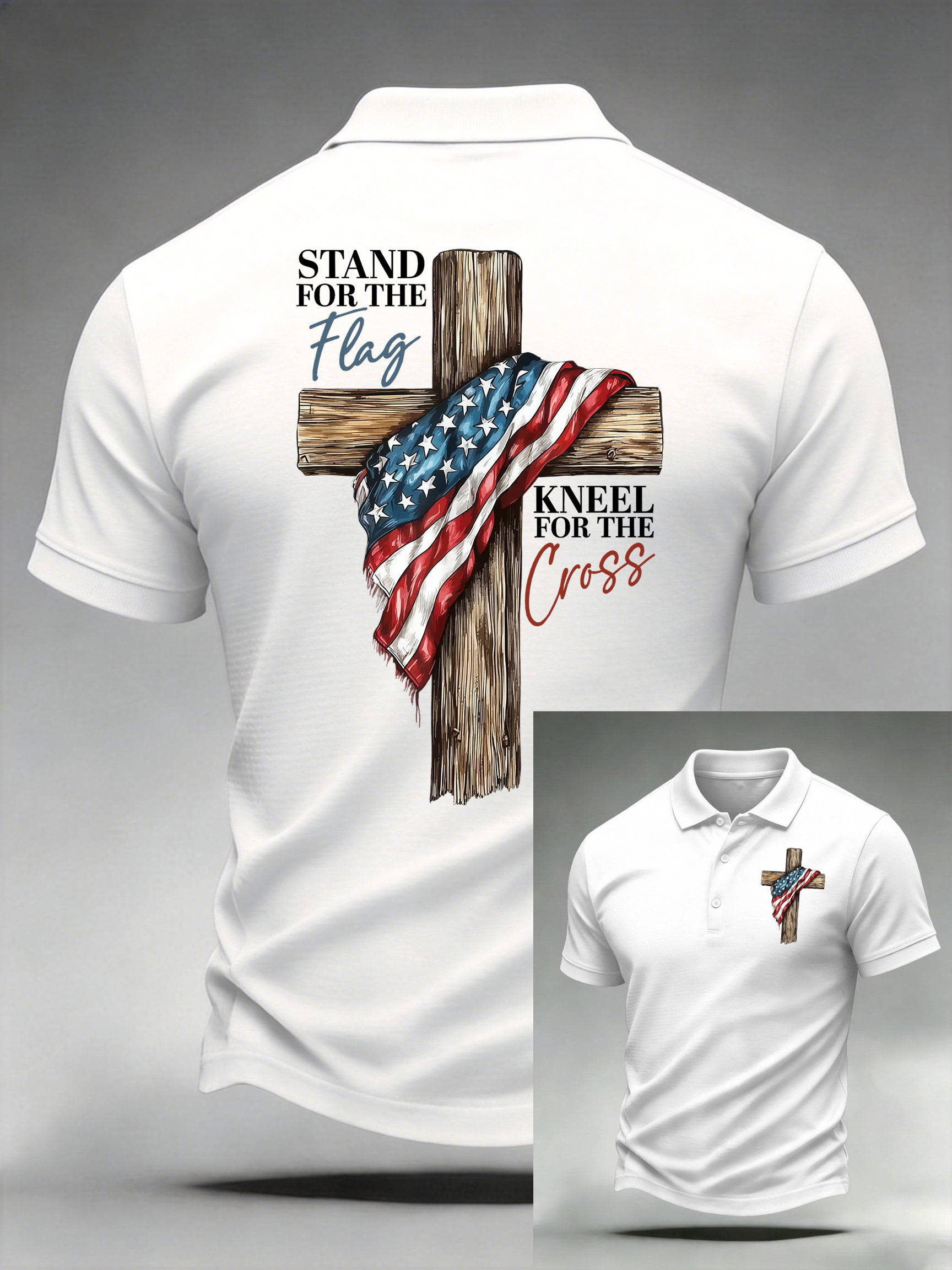Men's Casual Stand For The Flag Kneel For The Cross Printed Polo Shirt