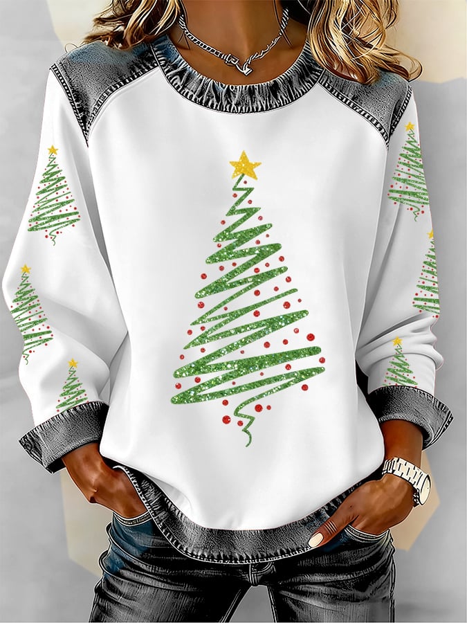 Women's Christmas Tree Print Casual Patchwork Sweatshirt