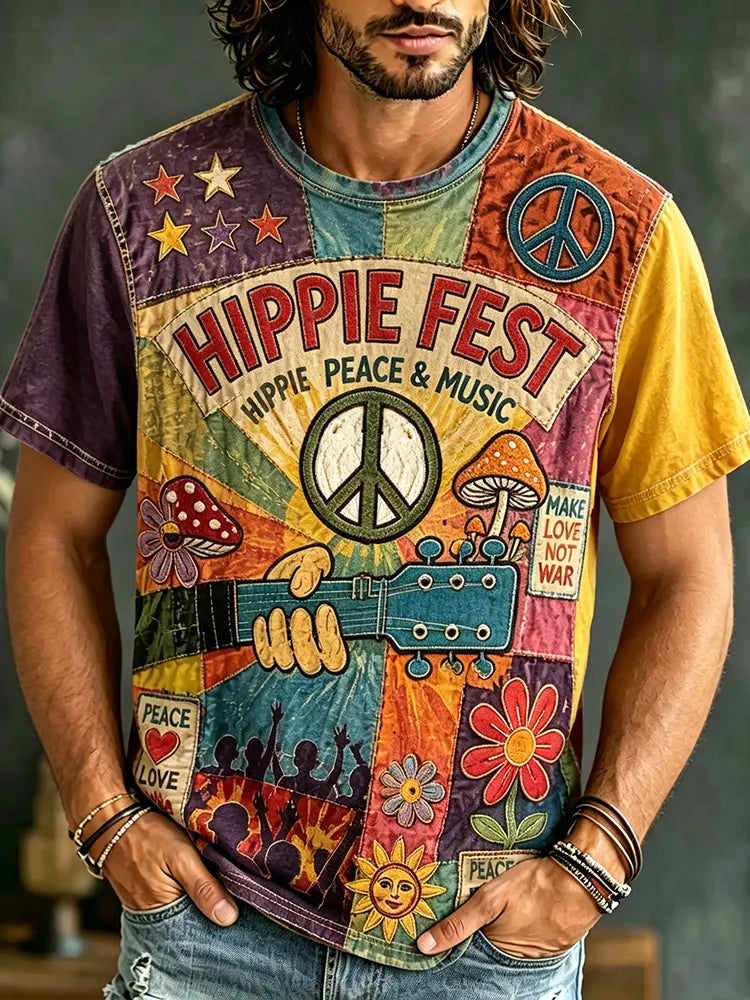Men's Retro Music Hippie Print Short-sleeve T-shirt