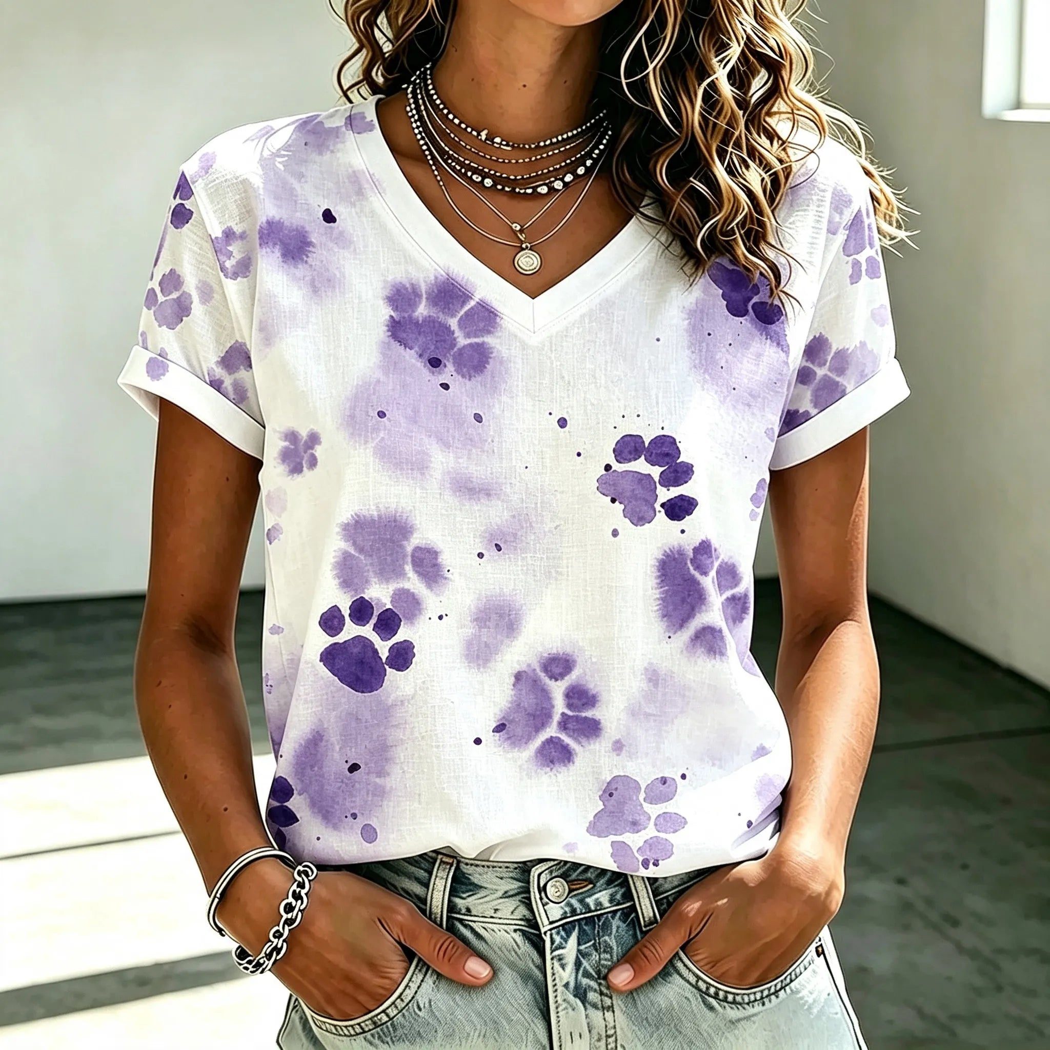 Cute Cat And Dog Paw Print T-shirt For Women