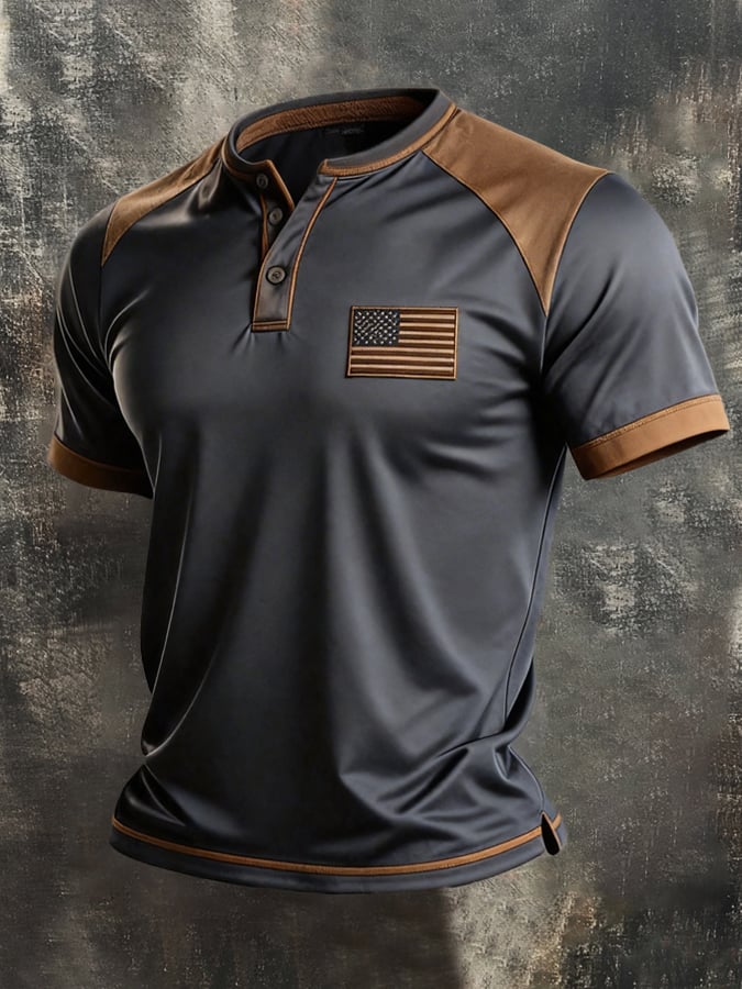 Men's Retro Patriotic Color-Block Short-Sleeve Henley T-Shirt