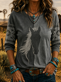 Aztec Border Horse Head Split Color 3/4 Sleeve Western Casual Top