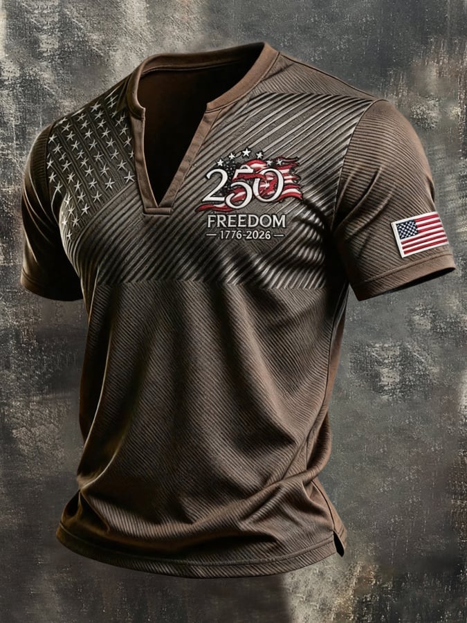 Men's Retro Independence Day Patriot V-Neck Henley Short-Sleeve T-Shirt