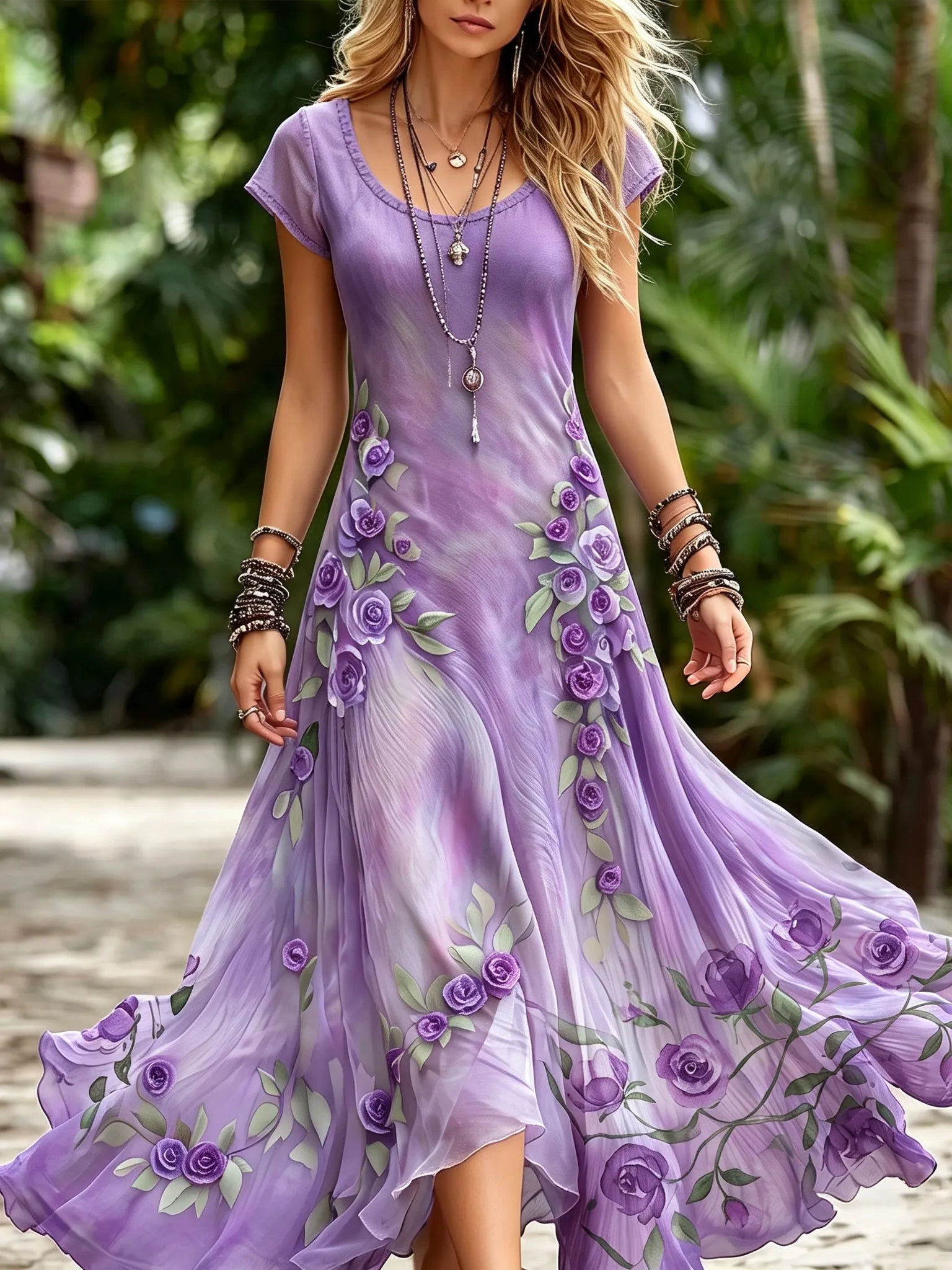 Women's Vintage Floral Embroidery Gradient Pattern Round Neck Dress
