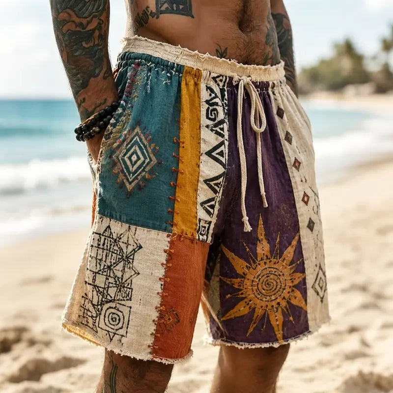 Men's Hippie Sun With Geometry Patchwork Print Casual Shorts