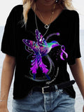 Women's Hummingbird Holding Purple Ribbon Alzheimers Awareness Print T-Shirt