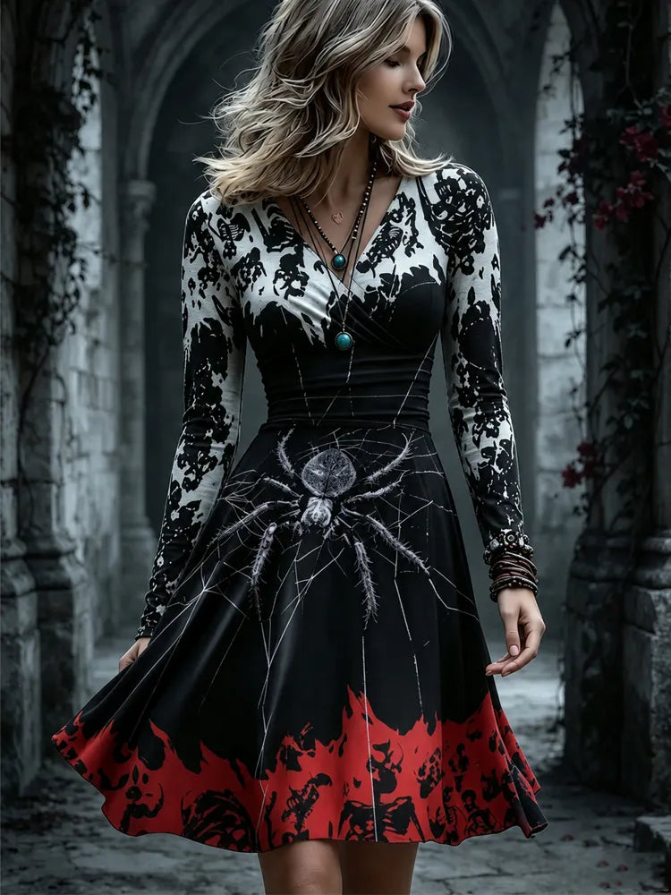 Women's Halloween Gothic Spider Skeleton Short Sleeve Top And Skirt
