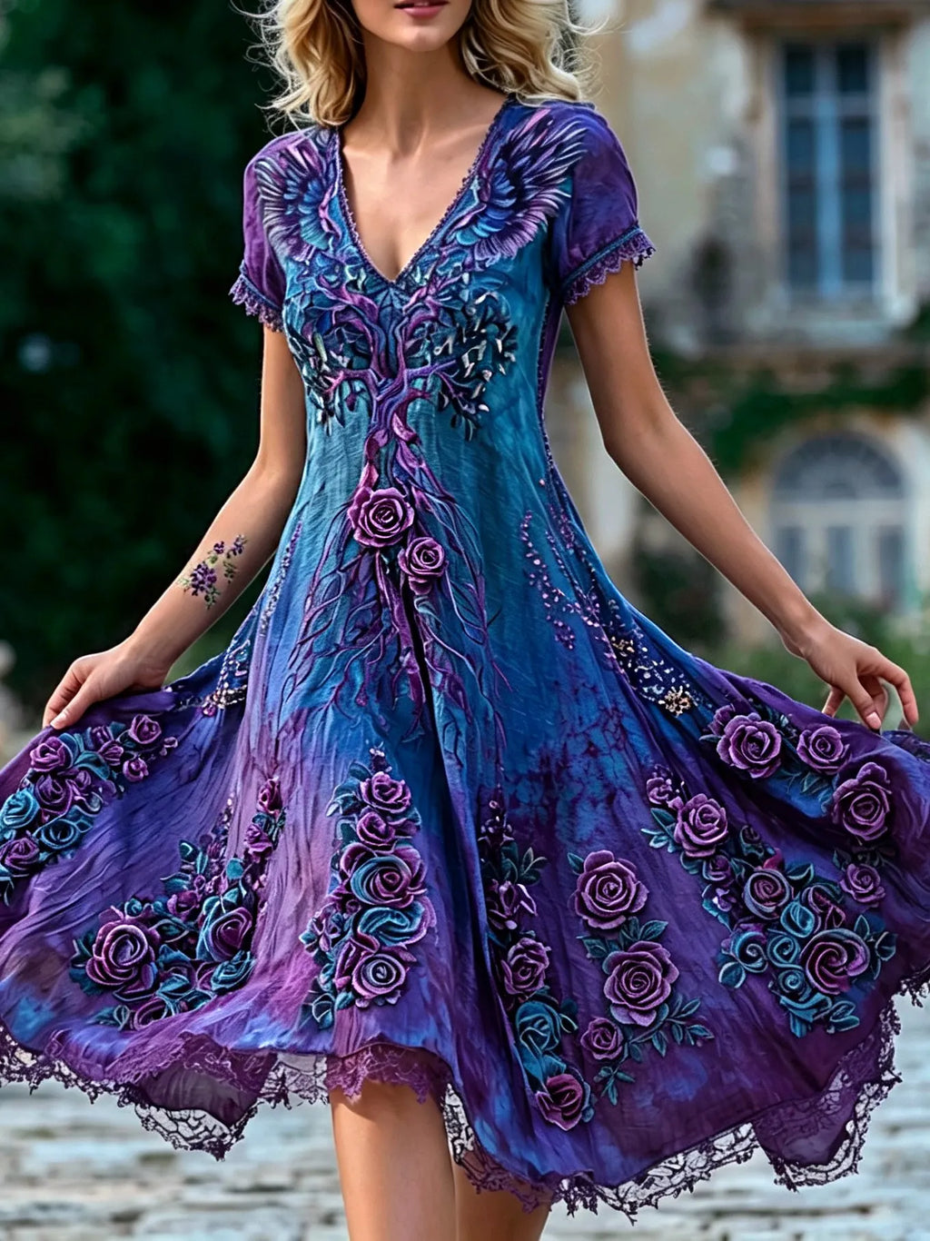Women's Vintage Viking Style Dress With Tree Of Life, Wings, And Rose Embroidery Print.