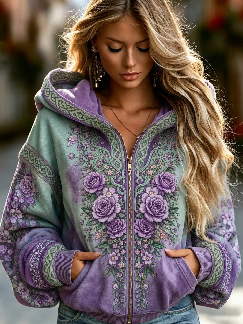 Women's Vintage Celtic Knot Floral Gradient Art Comfy Zipper Hoodie