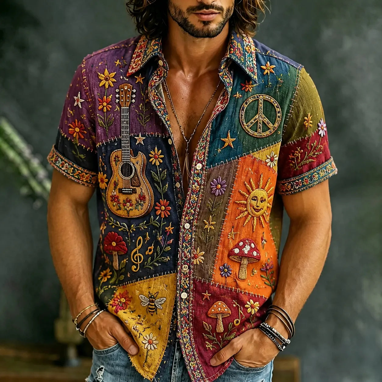 Men's Hippie Peace Music Guitar Patchwork Art Pattern Casual Shirt