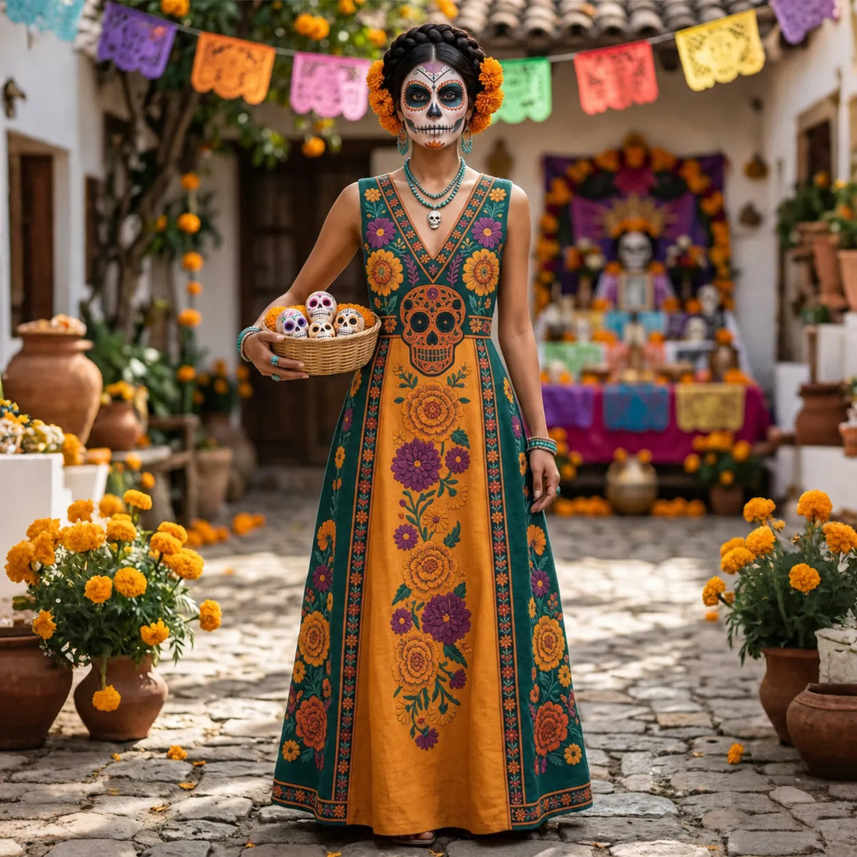 Women's Retro Color Block Floral Skull Holiday Linen V-neck Sleeveless Dress