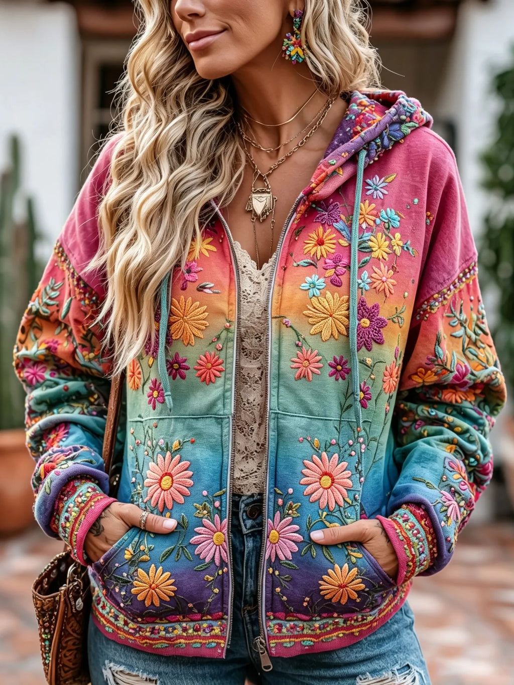 Women's Retro Hippie Floral Embroidery Gradient Art Casual Zipper Hoodie