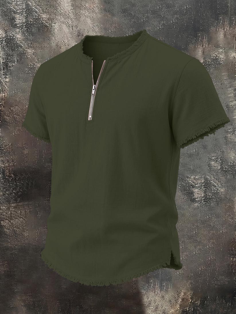 Men's Raw-Edge Cotton-Linen Zipper Top