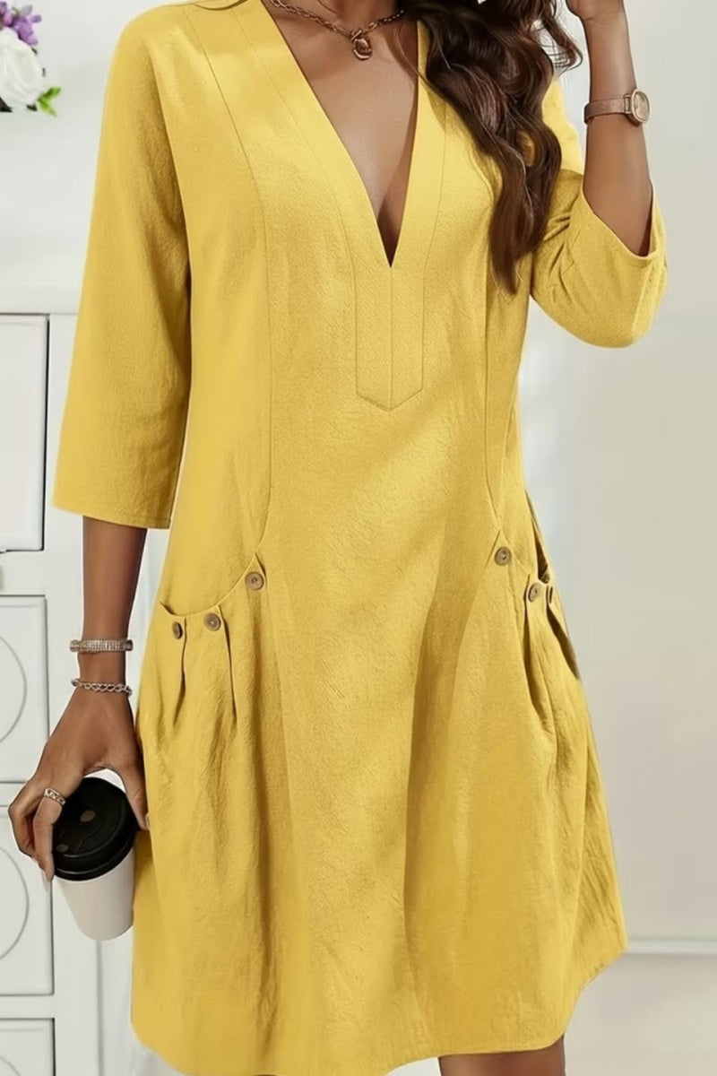 Solid Color Casual V-Neck Loose Dress