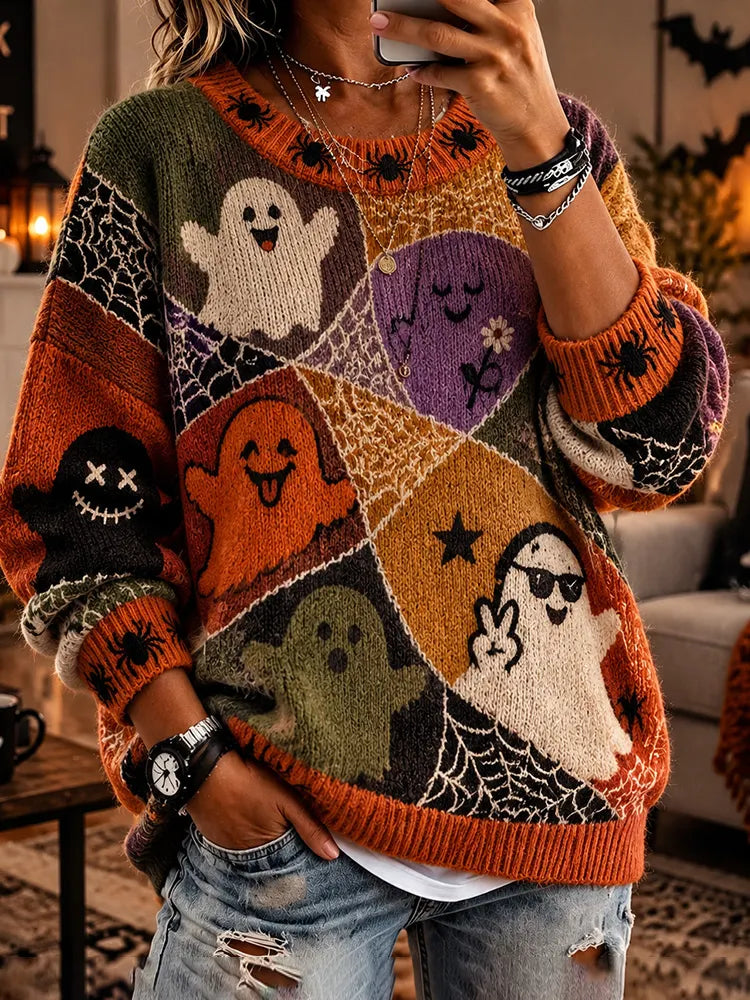 Women's Halloween Funny Ghost Art Casual Crewneck Sweater