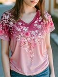 Women's Breast Cancer Awareness Floral Art V-Neck Short-Sleeve T-Shirt