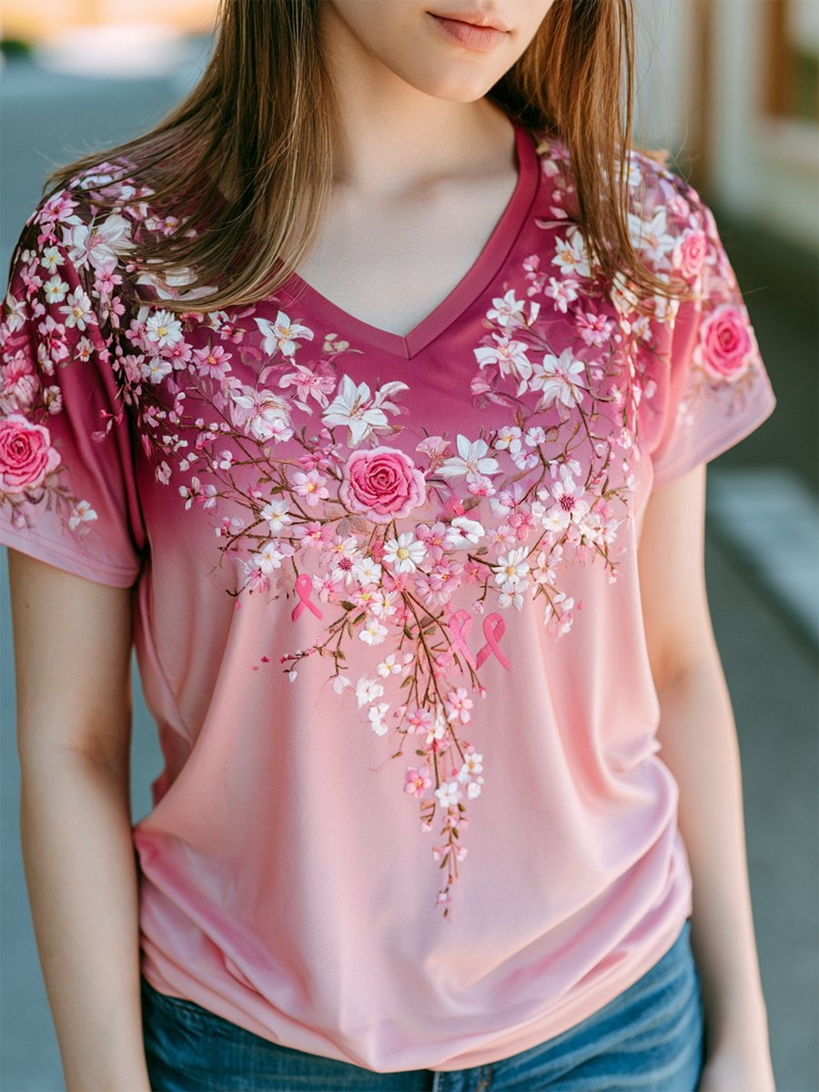 Women's Breast Cancer Awareness Floral Art V-Neck Short-Sleeve T-Shirt