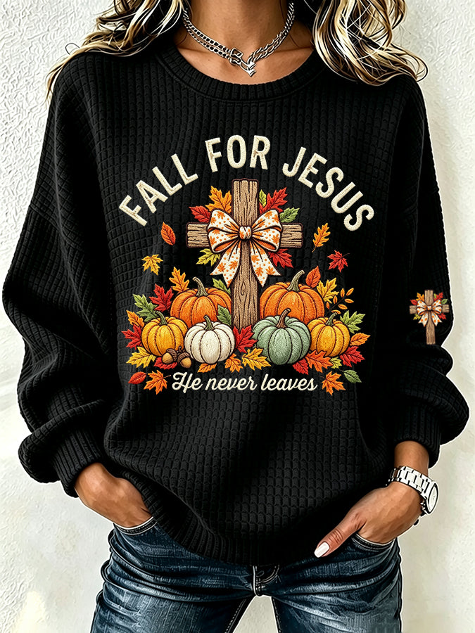 Women's Fall for Jesus Print Crew Neck Check Sweatshirt