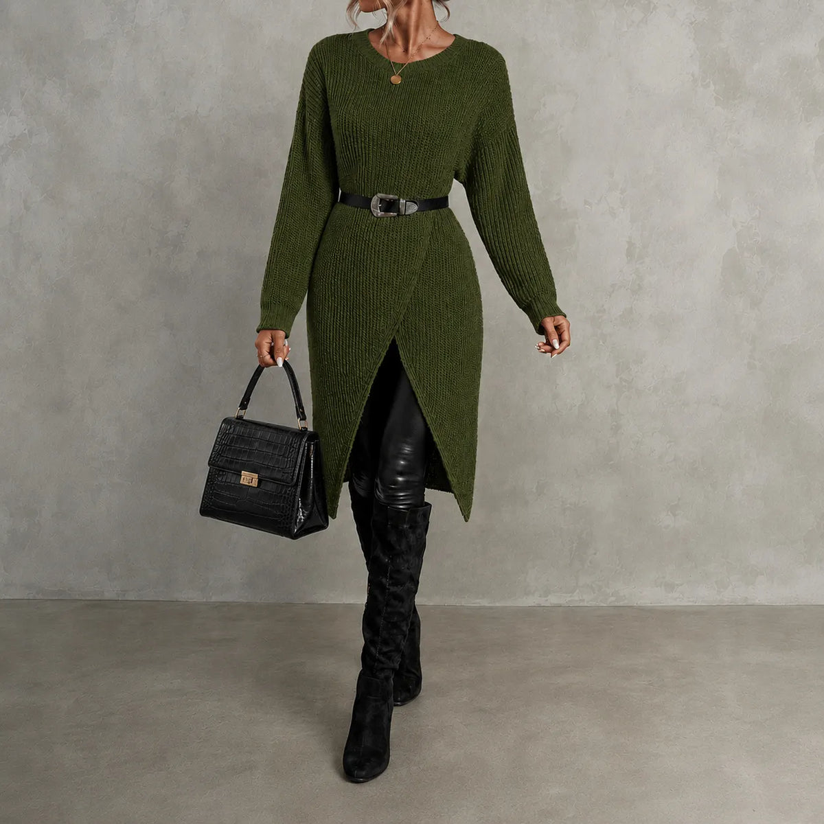 Elegant Crew Neck Long Knit Sweater