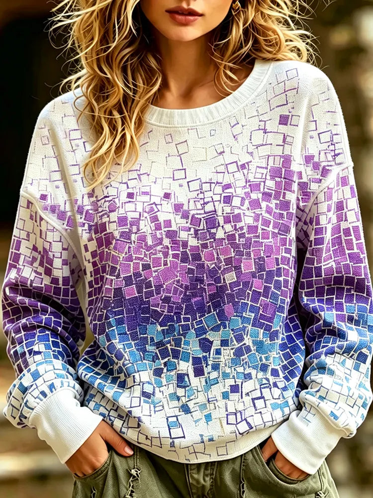 Women's Purple And White Gradient Sweatshirt With Geometric Square Mosaic Print