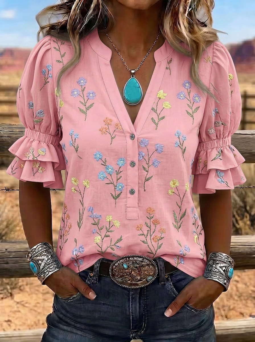 Women's Western Vintage Floral Embroidered Ruffle Sleeve Top