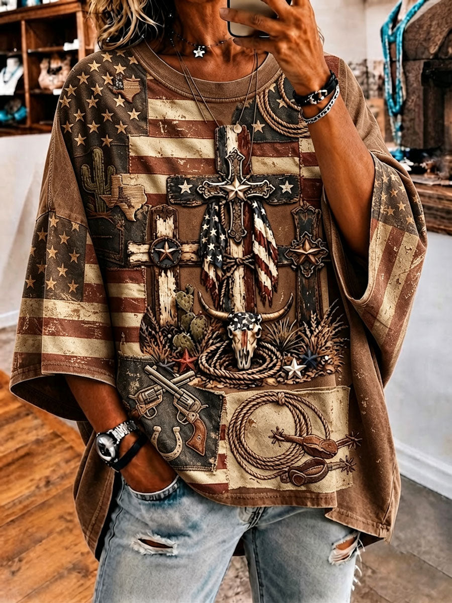 Ladies' Retro Western Style Cross Faith Loose Top