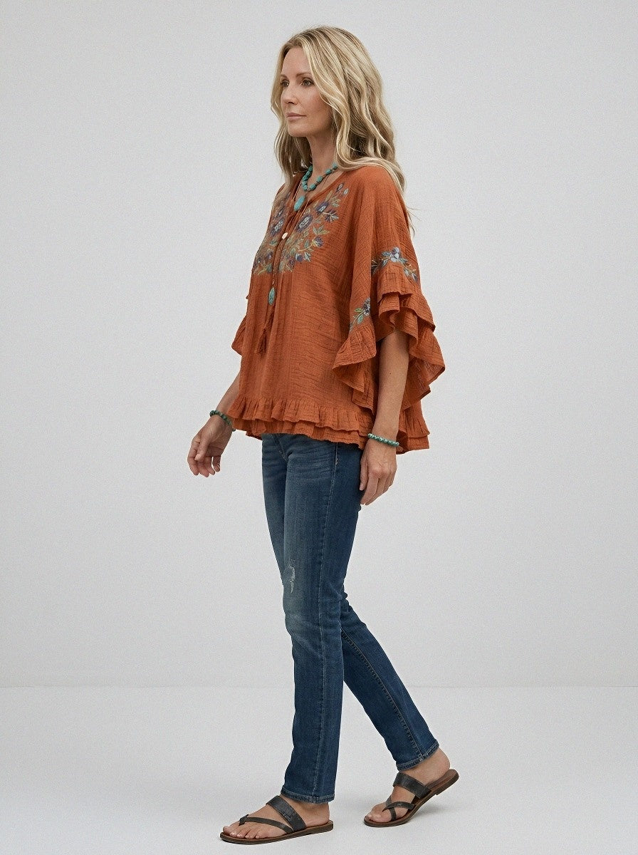 Women's Western Vintage Floral Embroidered Ruffle Sleeve Top