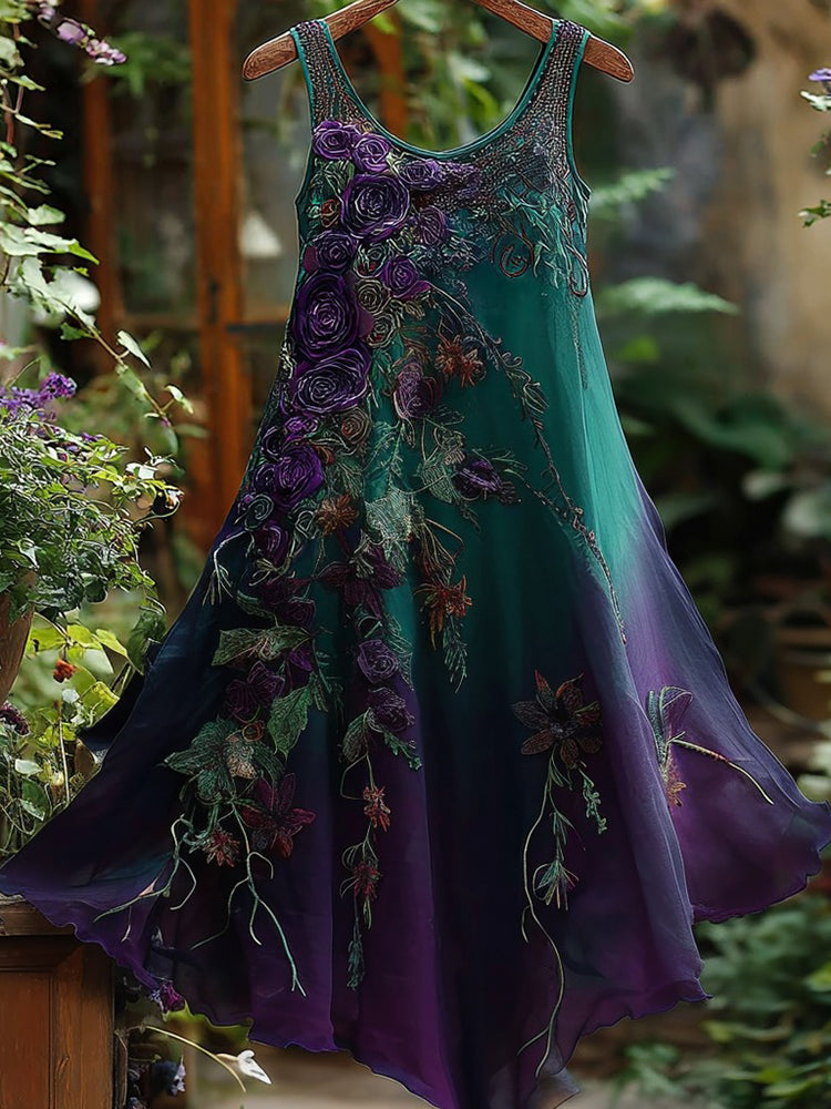 Women's Vintage Floral Embroidery Gradient Pattern Round Neck Dress
