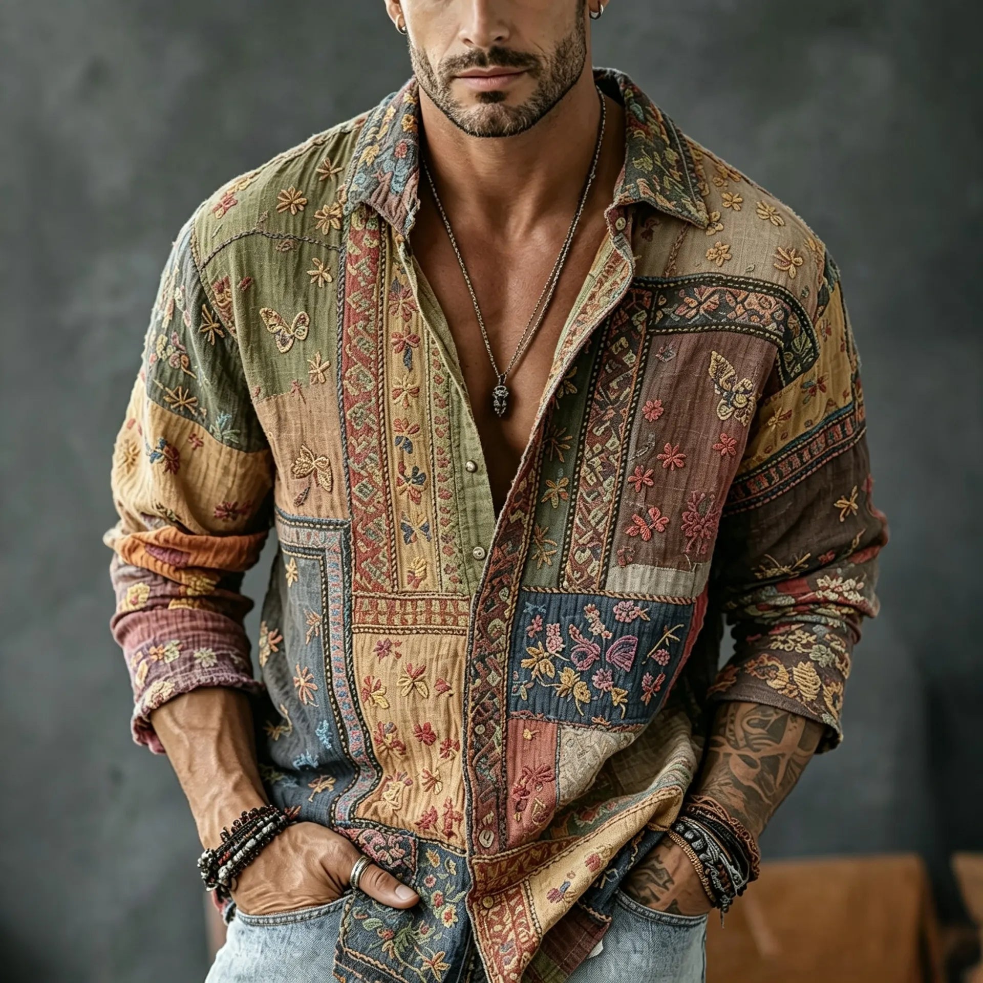 Men's Vintage Floral  Patchwork Embroidered Art Print Flowy Linen Blend Casual Shirt