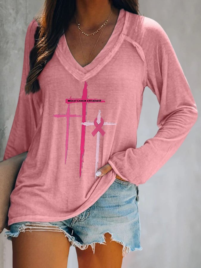 Women's Breast Cancer Awareness Print V-Neck Casual T-Shirt
