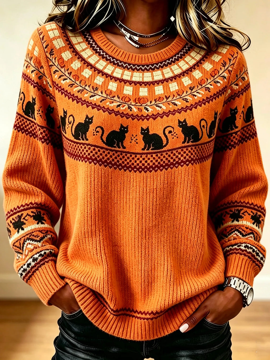Women's Retro Ethnic Pattern Black Cat Print Crew Neck Sweater