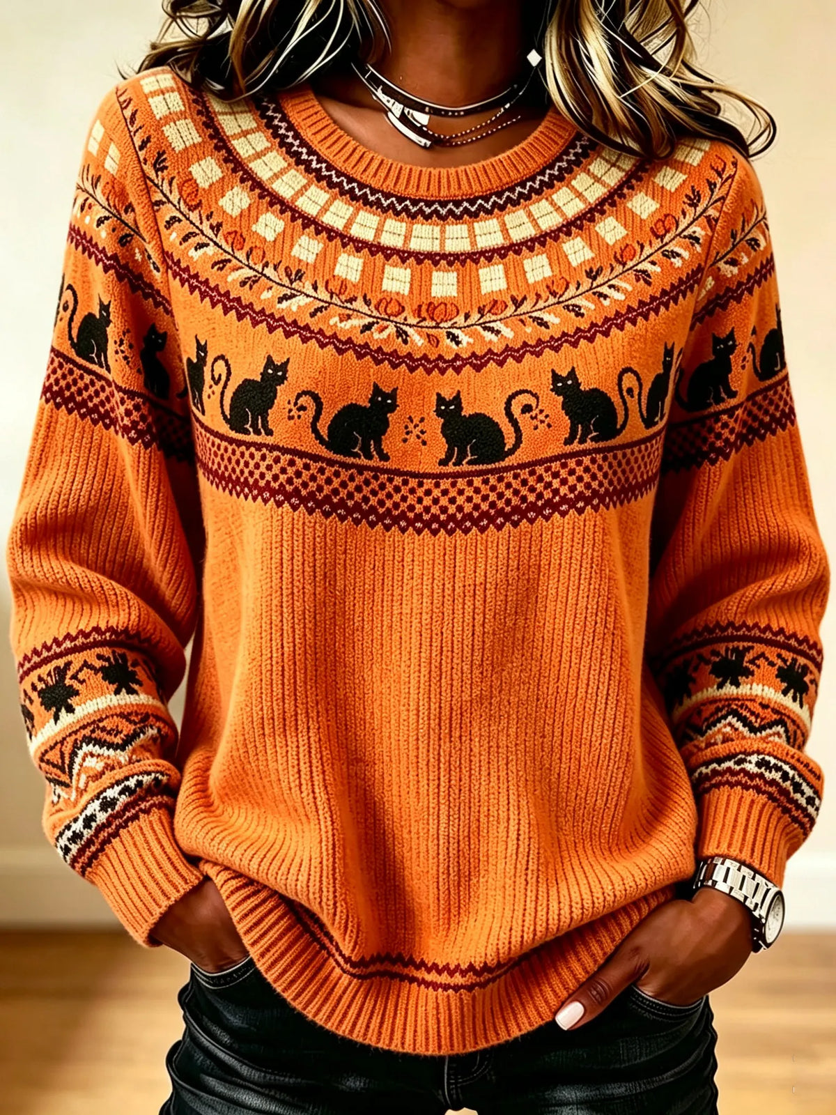 Women's Retro Ethnic Pattern Black Cat Print Crew Neck Sweater