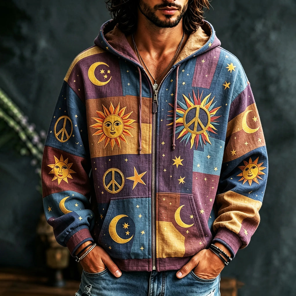 Men's Vintage Sun Moon Star Peace Sign Patchwork Art Cozy Warm Zipper Hoodie