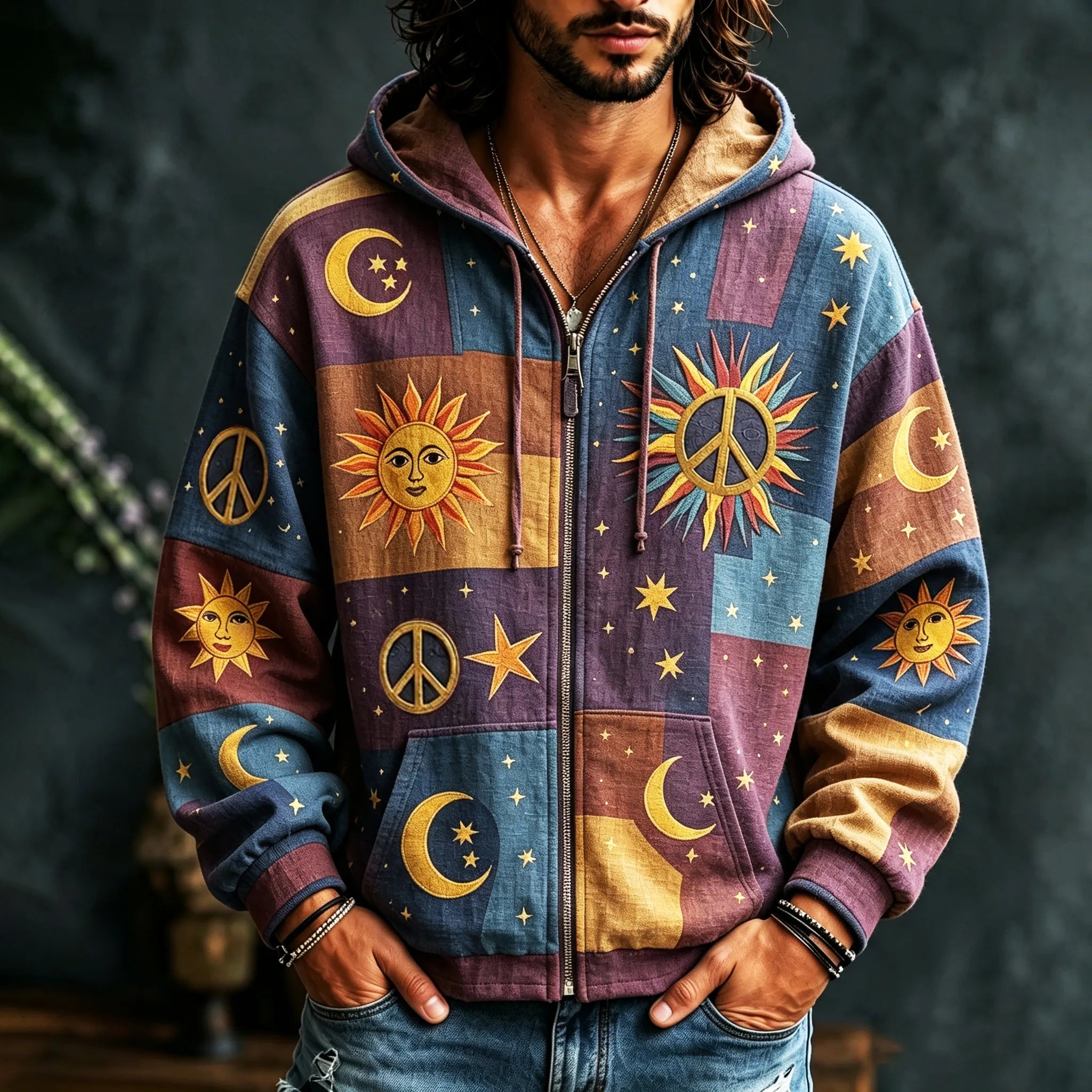 Men's Vintage Sun Moon Star Peace Sign Patchwork Art Cozy Warm Zipper Hoodie