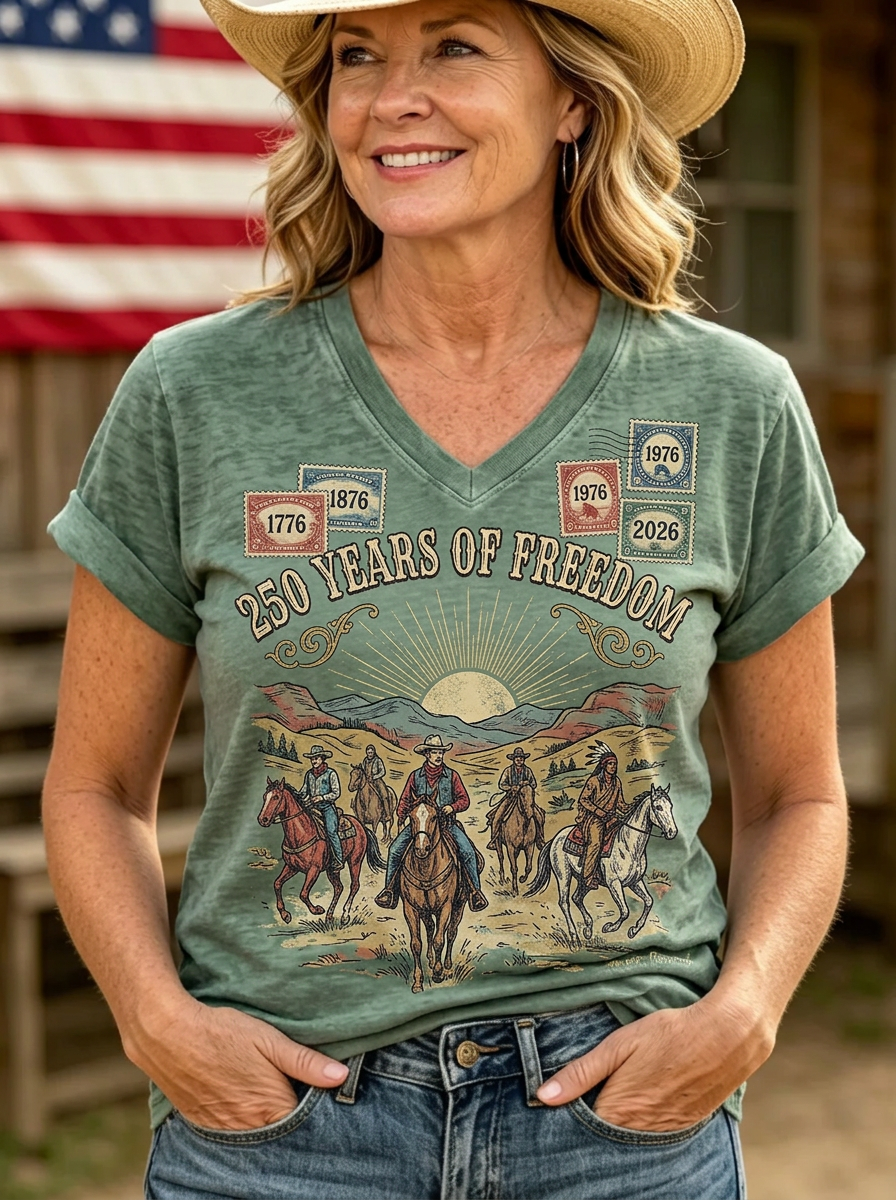 Women's 4th of July Western Cowboy 250 Years Freedom Printed T-shirt