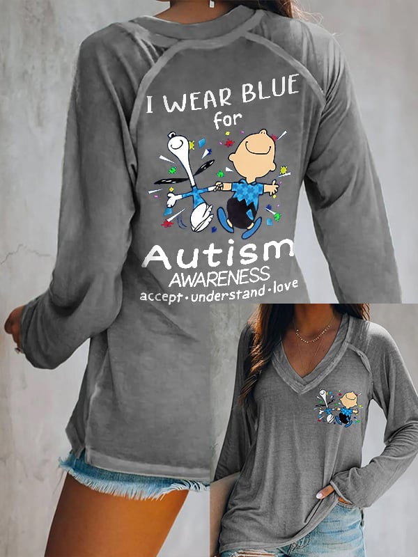 V-neck Retro Autism Awareness I Wear Blue For Autism Print T-Shirt