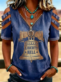 Women's Western Independence Day Liberty Bell Printed Cold Shoulder T-shirt