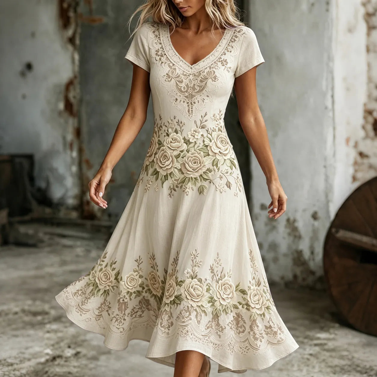Women's Retro Purple Rose Embroidery Art V Neck Short Sleeve Midi Dress