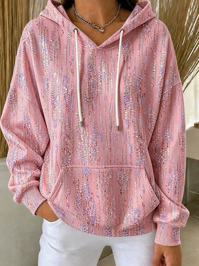 Women'S Retro Breast Cancer Awareness Gradual Rainbow Print Long Sleeve Hoodie