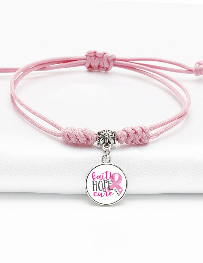 Pink Ribbon Breast Cancer Awareness Warrior Adjustable Braided Bracelet