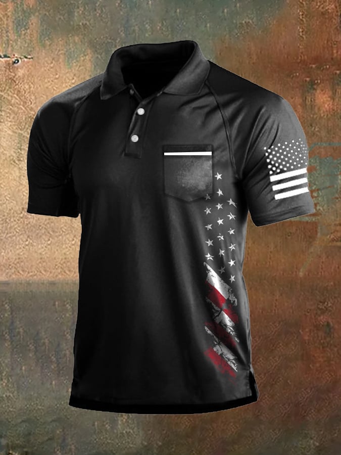 Men's Vintage American Flag Independence Day Pocket Colorblock Polo Shirt