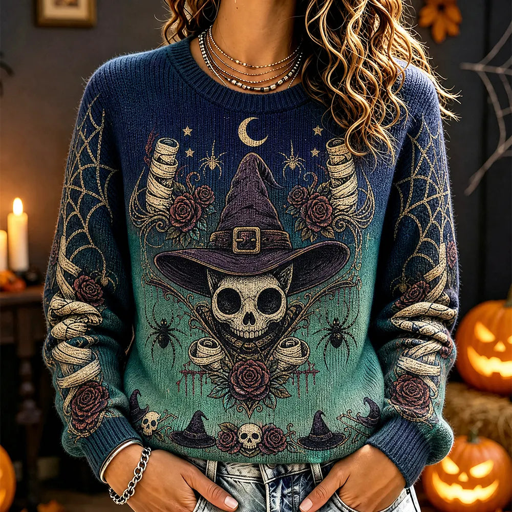 Women's Halloween Witch Cat Skull, Spider Web, And Roses Graphic Knitted Sweater