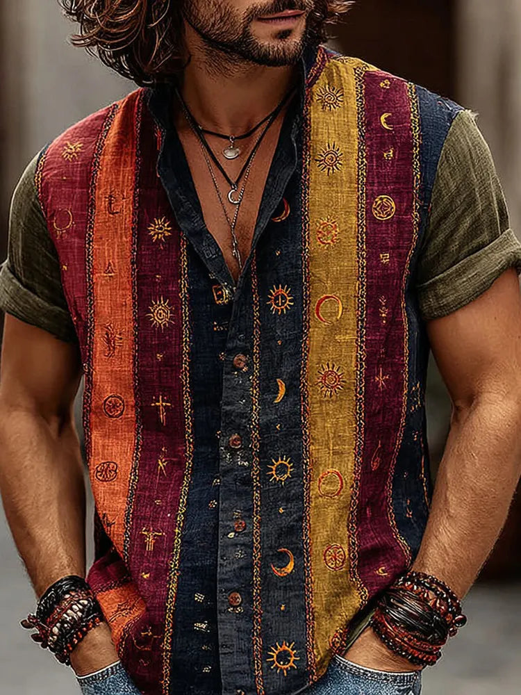 Men's Retro Hippie Sun Moon And Star Art Pattern Casual Shirt