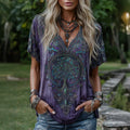 Women's Vintage Purple Floral Embroidered Pattern Art Short Sleeve Casual T-shirt