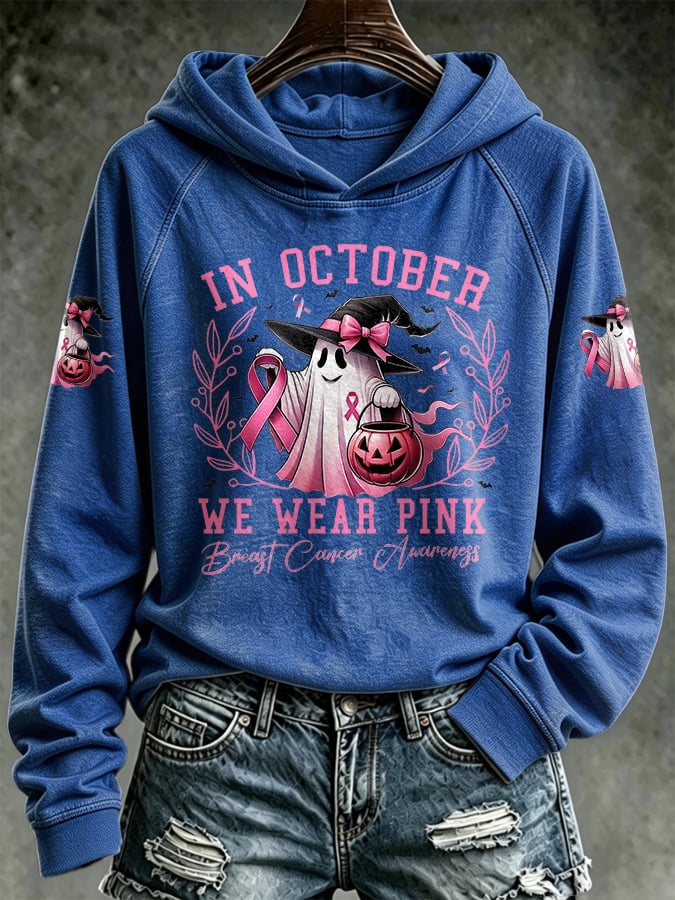 Retro Breast Cancer Awareness Ghost Pumpkin In October We Wear Pink Print Hoodie